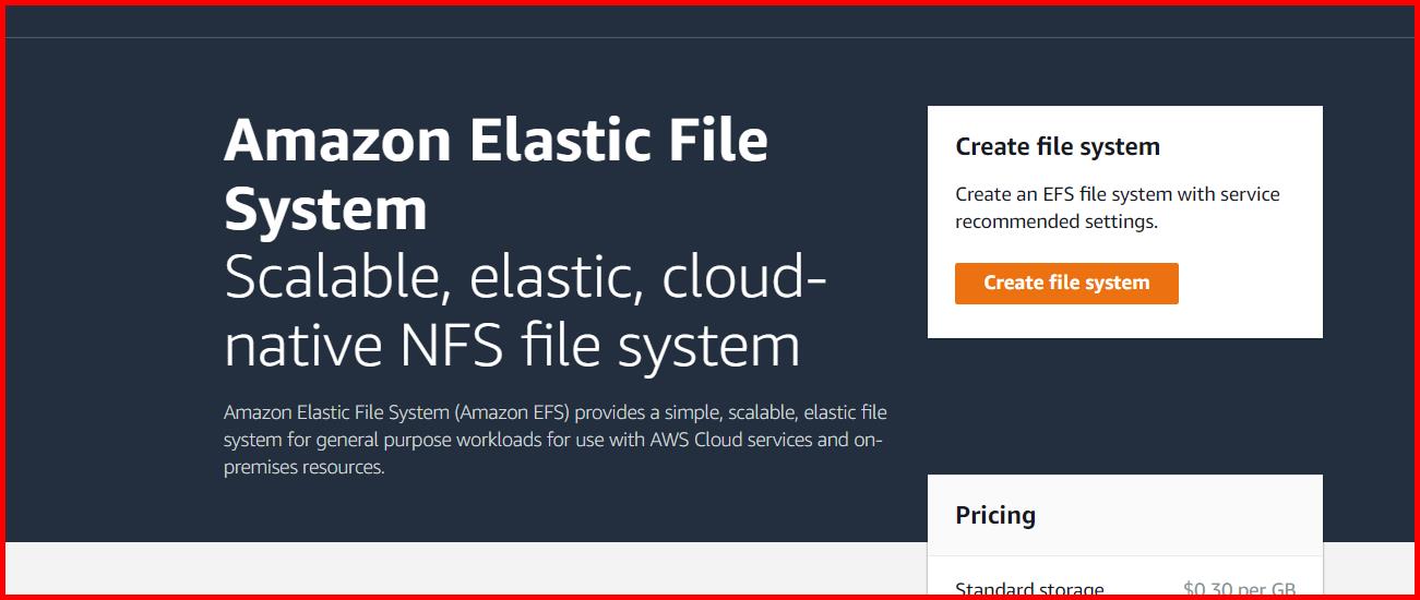Picture showing the Create file system button for creating EFS